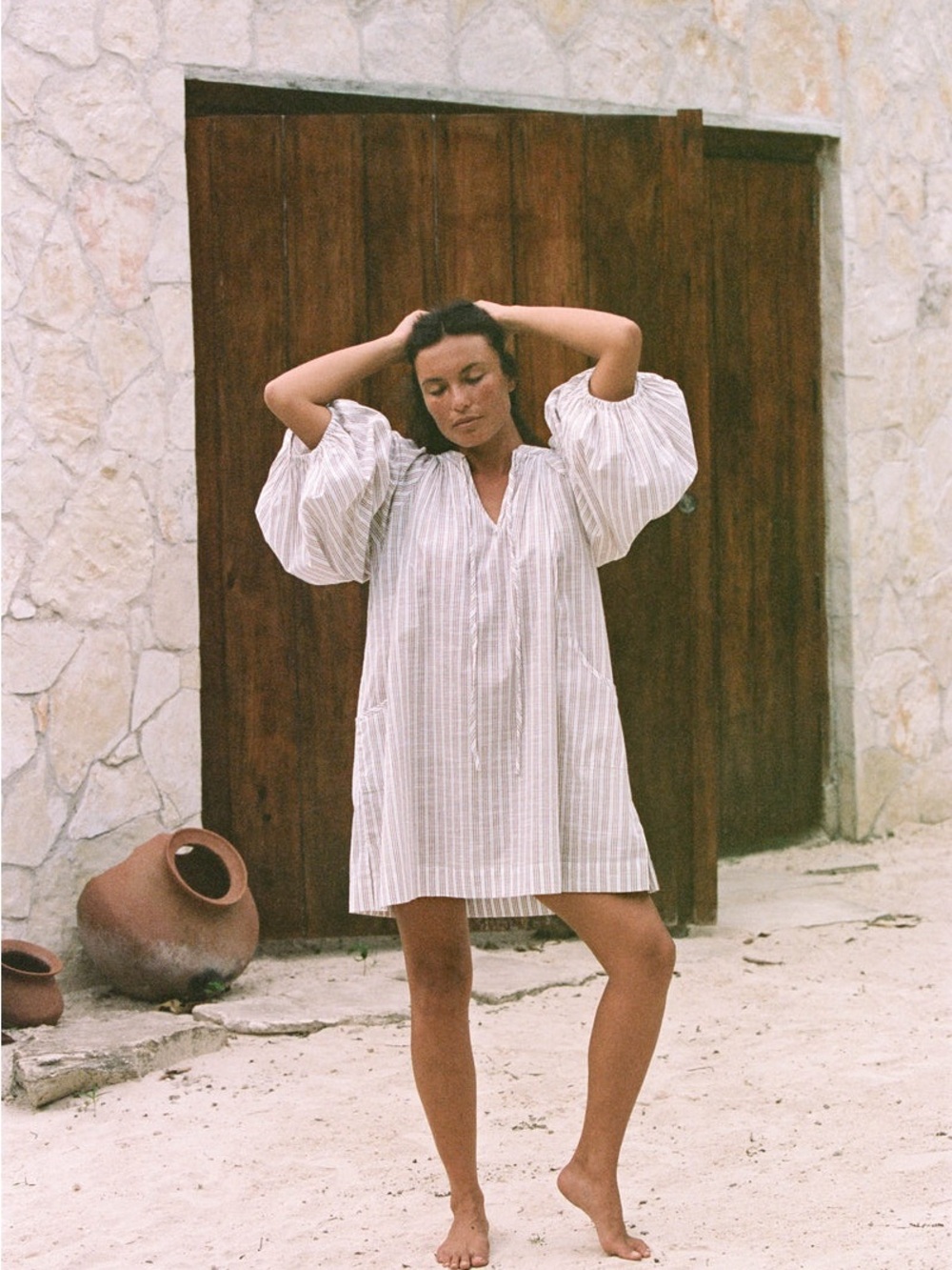 Daughters of India Poet Mini Dress in Vanilla with Rust Stripes Small - Picture 4 of 15